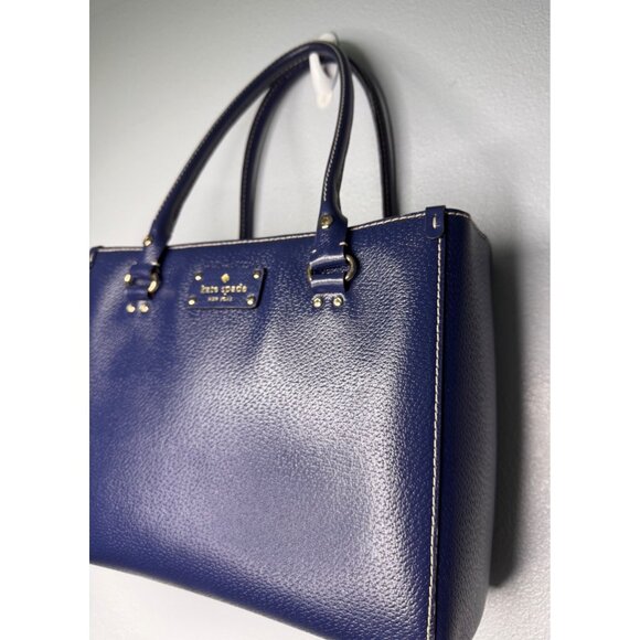 Kate Spade Navy Blue Wellesley Quinn Classic Leather Tote Handbag Office - Picture 4 of 14
